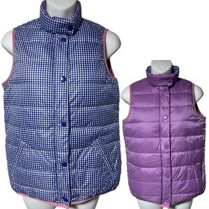 J. McLaughlin Blue Gingham & Lavender Reversible Down Puffer Vest XS Packable
